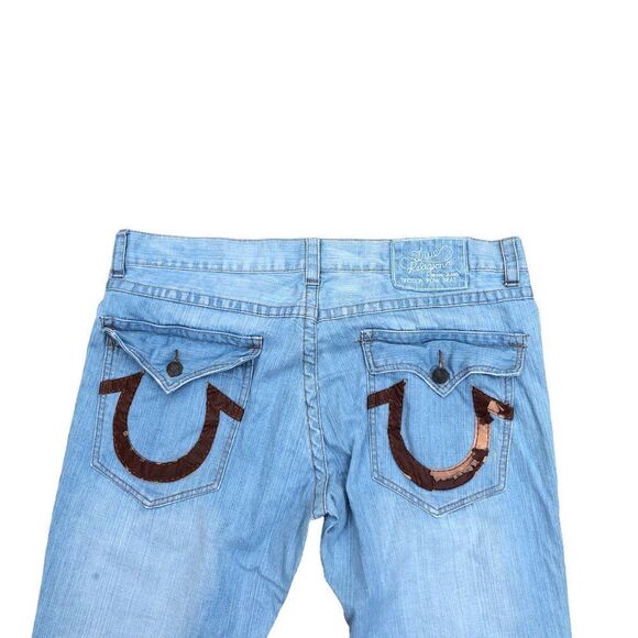 True Religion Jeans Size 40 Blue Leather Horseshoe - Picture 2 of 10